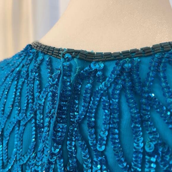 Vintage Laurence Kazar Sequin Sheath Dress L Silk Blue Beaded Party Costume 80s - Picture 12 of 16